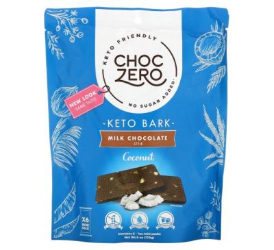ChocZero, молочний шоколад, з кокосом, 6 плиток по 28 г (1 унція)