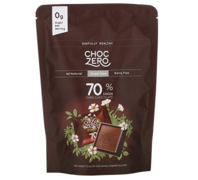 ChocZero, порційний чорний шоколад без цукру, 70 % какао, 10 порцій, 99,2 г (3,5 унції)