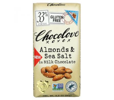 Chocolove, миндаль и морская соль в молочном шоколаде, 33% какао, 90 г (3,2 унции)