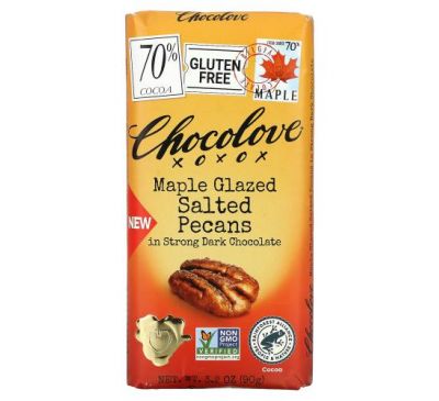Chocolove, Maple Glazed Salted Pecans in Strong Dark Chocolate, 70% Cocoa, 3.2 oz (90 g)