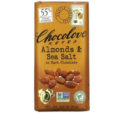 Chocolove, Мигдаль і морська сіль у темному шоколаді, 55% какао, 90 г (3,2 унції)