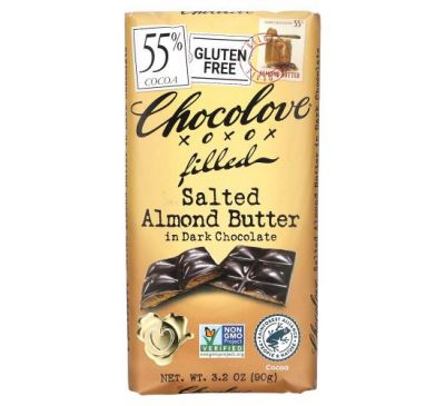 Chocolove, Масло из соленого миндаля в темном шоколаде, 55% какао, 90 г (3,2 унции)