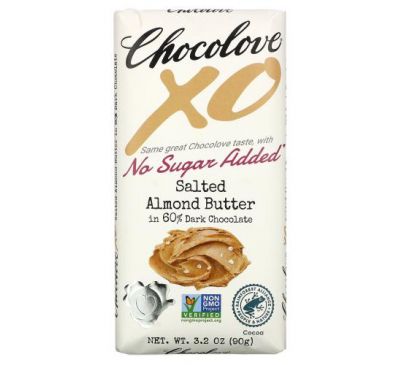 Chocolove, XO, черный шоколад 60% с соленой миндальной пастой, 90 г (3,2 унции)