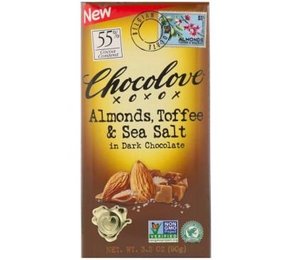 Chocolove, мигдаль, ірис і морська сіль у чорному шоколаді, 55 % какао, 90 г (3,2 унції)