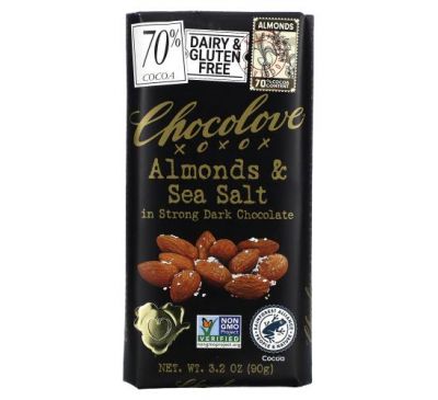 Chocolove, черный шоколад с миндалем и морской солью, 70% какао, 90 г (3,2 унции)