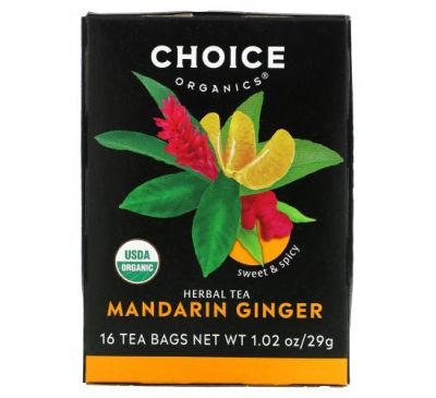 Choice Organic Teas, Herbal Tea, Mandarin Ginger, Caffeine Free, 16 Tea Bags, 1.02 oz (29 g)