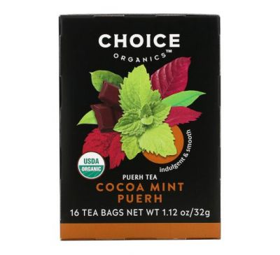 Choice Organic Teas, Puerh Tea, Cocoa Mint Puerh, 16 Tea Bags, 1.12 oz (32 g)