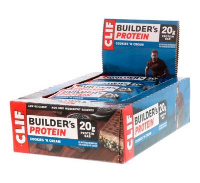 Clif Bar, Builder's Protein Bar, Cookies N' Cream, 12 Bars, 2.40 oz (68 g) Each