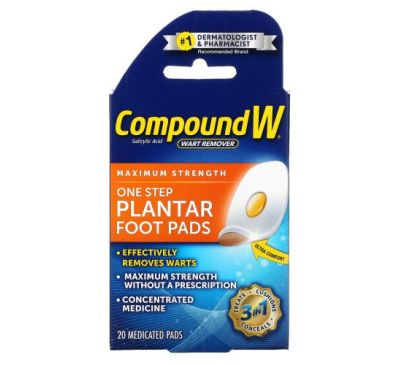 Compound W, Средство для удаления бородавок, One Step Plantar Foot Pads, максимальная сила действия, 20 лечебных подушечек