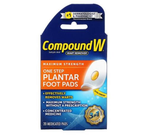 Compound W, Wart Remover, One Step Plantar Foot Pads, Maximum Strength, 20 Medicated Pads