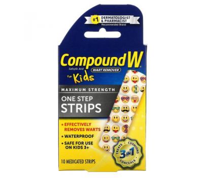 Compound W, средство для удаления бородавок, одноразовые пластыри, максимальная сила действия, для детей от 3 лет, 10 лечебных пластырей