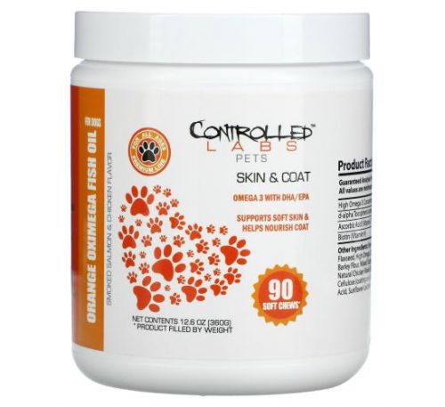 Controlled Labs Pets, Orange Oximega Fish Oil For Dogs, All Ages, Smoked Salmon & Chicken, 90 Soft Chews, 12.6 oz (360 g)