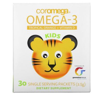 Coromega, Kids, омега-3, тропический апельсин + витамин D, 30 порционных пакетиков (по 2,5 г)