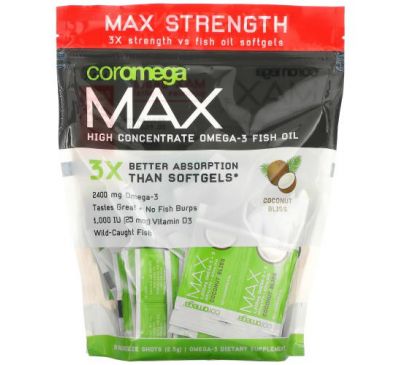 Coromega, Max High Concentrate Omega-3 Fish Oil, Coconut Bliss, 90 Squeeze Shots, 2.5 g Each