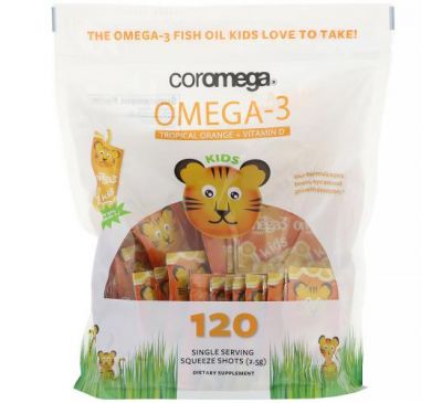 Coromega, Omega-3, Kids, Tropical Orange + Vitamin D, 120 Single Serving Squeeze Shots