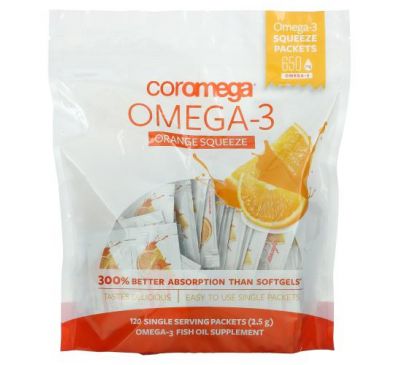 Coromega, Омега-3, апельсиновые пакетики для выдавливания, 120 пакетиков по 2,5 г (каждый)
