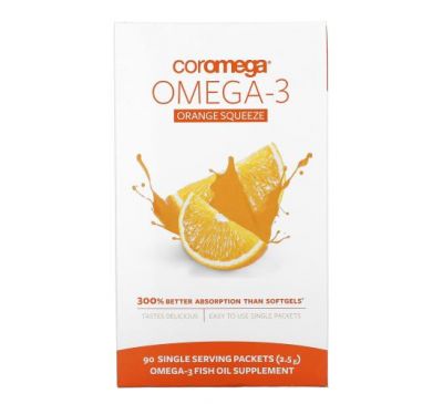 Coromega, омега-3 со вкусом апельсина, 90 пакетиков, 2,5 г каждый