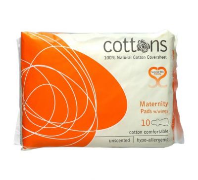 Cottons, 100% Natural Cotton Coversheet, Maternity Pads with Wings, Heavy, 10 Pads