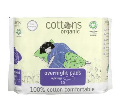 Cottons, Ночные прокладки с крылышками, покрывающий слой из 100% чистого хлопка, для большого объема выделений, 10 штук