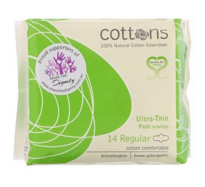 Cottons, 100% Natural Cotton Coversheet, Ultra-Thin Pads with Wings, Regular, 14 Pads