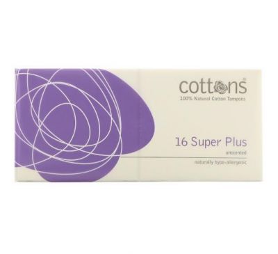 Cottons, 100% Natural Cotton Tampons, Super Plus, Unscented, 16 Tampons