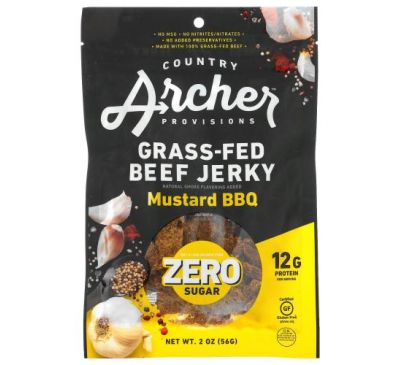 Country Archer Jerky, Grass-Fed Beef Jerky, Zero Sugar, Mustard BBQ,  2 oz (56 g)