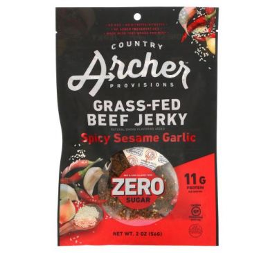 Country Archer Jerky, Вяленая говядина травяного откорма, без сахара, пряный кунжут и чеснок, 56 г (2 унции)