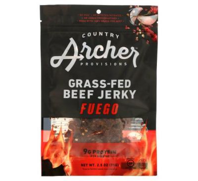 Country Archer Jerky, Вяленое мясо с говядиной Grass Fed, Fuego, 2,5 унции (71 г)