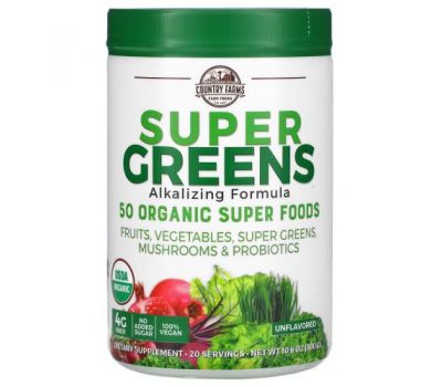 Country Farms, Super Greens, формула с подщелачивающими травами, с нейтральным вкусом, 300 г (10,6 унции)