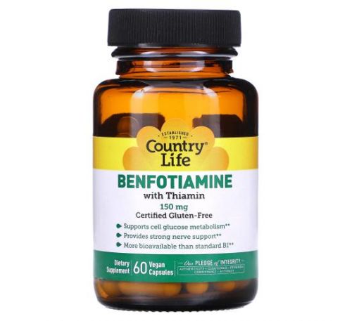 Country Life, Benfotiamine with Thiamin, 150 mg, 60 Vegan Capsules