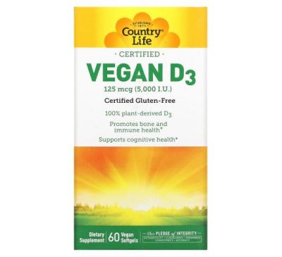 Country Life, Certified Vegan D3, 125 mcg (5,000 IU), 60 Vegan Softgels