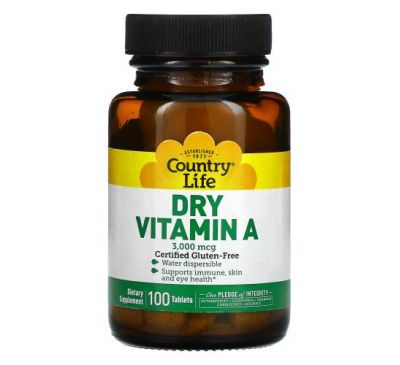Country Life, Dry Vitamin A, 3,000 mcg, 100 Tablets