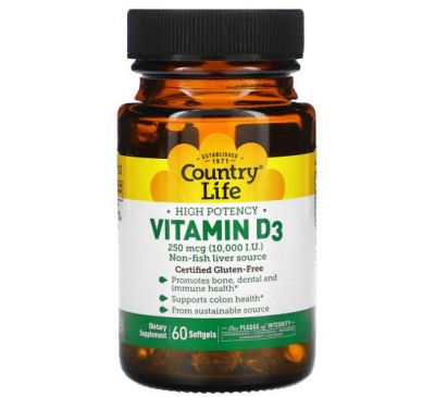 Country Life, High Potency Vitamin D3, 250 mcg (10,000 IU), 60 Softgels