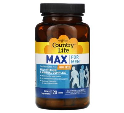 Country Life, Max for Men, комплекс мультивітамінів і мікроелементів для чоловіків, без заліза, 120 таблеток