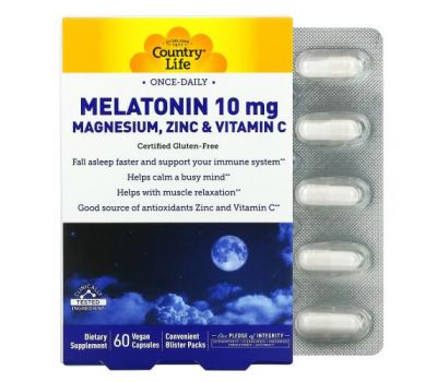 Country Life, Мелатонин, 10 мг магния, цинка и витамина C, 60 веганских капсул