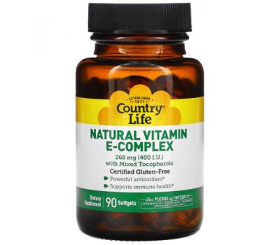 Country Life, Natural Vitamin E-Complex with Mixed Tocopherols, 268 mg (400 IU), 90 Softgels