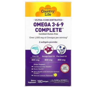Country Life, Omega 3-6-9 Complete, Ultra Concentrated, Natural Lemon, 180 Softgels