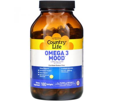 Country Life, Omega 3 Mood, Natural Lemon, 180 Softgels