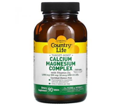 Country Life, Target-Mins, комплекс кальцію, магнію і цинку із вітаміном D3, 90 таблеток