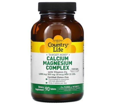 Country Life, Target-Mins, комплекс кальцію, магнію і цинку із вітаміном D3, 90 таблеток