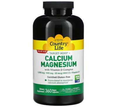 Country Life, Target-Mins Calcium Magnesium with Vitamin D Complex, 360 Vegan Capsules