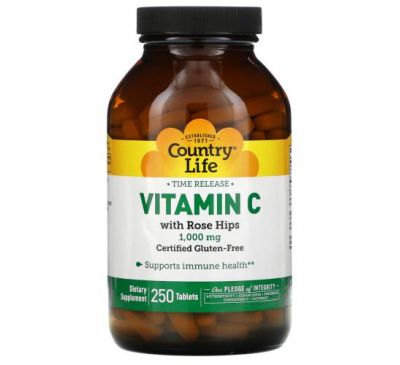 Country Life, Time Release Vitamin C with Rose Hips, 1,000 mg, 250 Tablets