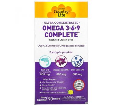 Country Life, Ultra Concentrated Omega 3-6-9 Complete, Natural Lemon, 90 Softgels