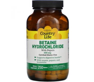 Country Life, гідрохлорид бетаїну з пепсином, 600 мг, 250 таблеток