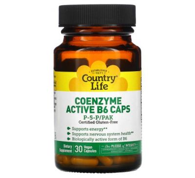 Country Life, коферментний активний вітамін В6 у капсулах, P-5-P/PAK, 30 веганських капсул