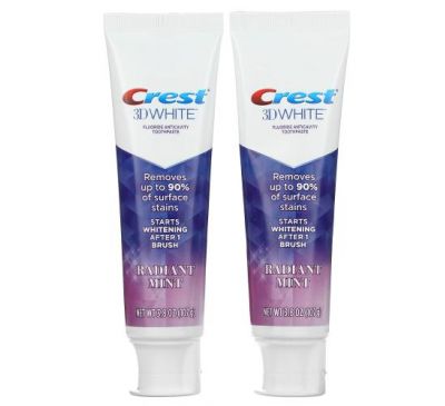 Crest, 3D White, Fluoride Anticavity Toothpaste, Radiant Mint, 2 Pack, 3.8 oz (107 g) Each
