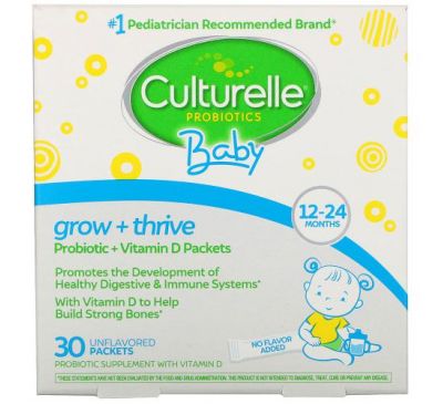 Culturelle, Probiotics, Baby, Grow + Thrive, Probiotics + Vitamin D Packets, 12-24 Months, Unflavored, 30 Single Serve Packets