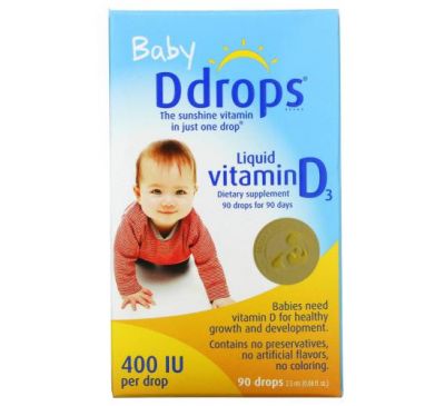 Ddrops, Baby, рідкий вітамін D3, для дітей, 400 МО, 90 крапель, 2,5 мл (0,08 рідк. унції)
