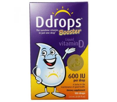 Ddrops, Booster, рідкий вітамін D3, 600 МО, 100 крапель, 2,8 мл (0,09 рідк. унцій)
