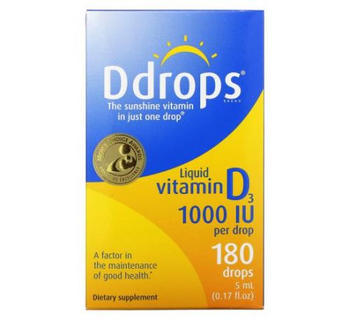 Ddrops, рідкий вітамін D3, 1000 МО, 5 мл (0,17 рідк. унції)